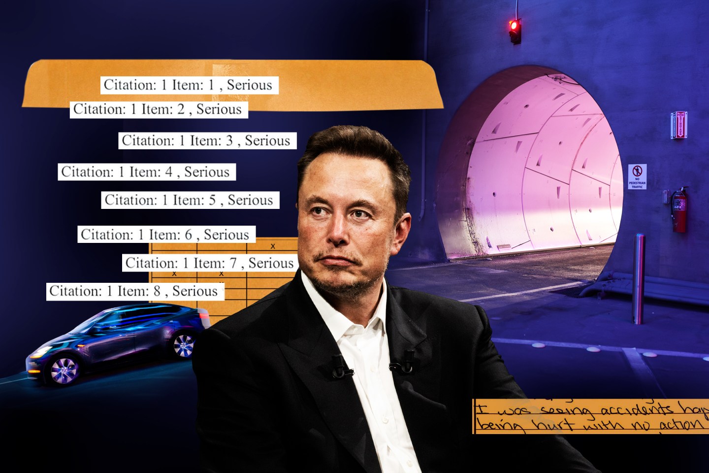 Photo collage of Elon Musk near The Boring Company tunnel and a tesla with clippings from OSHA documents regarding reported injuries at the construction sites.