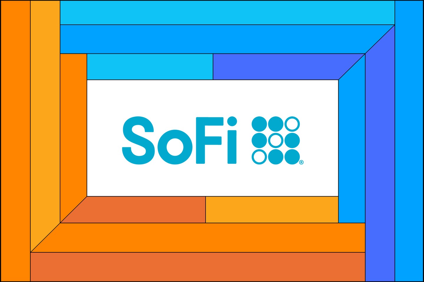 Illustration of the SoFi Bank logo surrounded by a orange and blue frame.